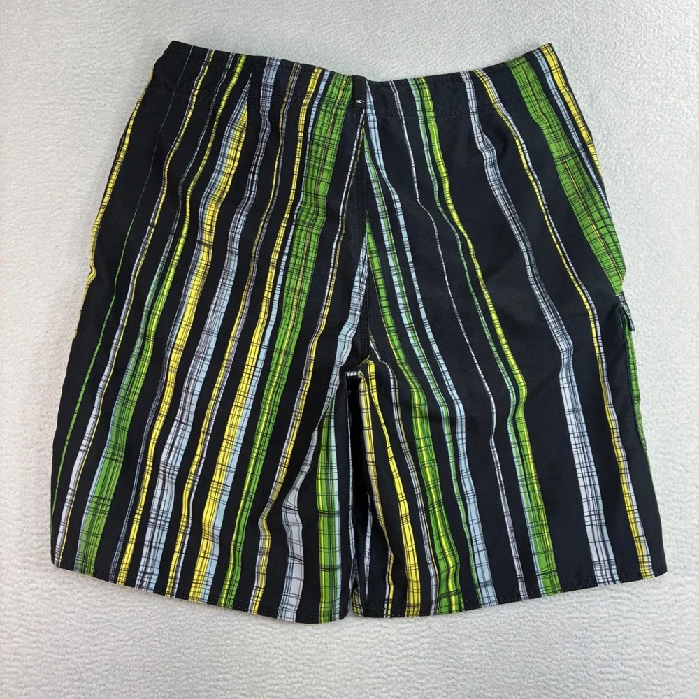 O'Neill Board Shorts Men 32x10 Black Green Striped Surf Swim Trunks Drawstring